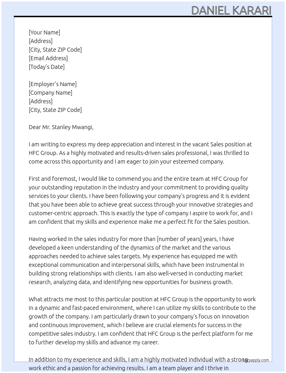 Sales At HFC Group Cover Letter