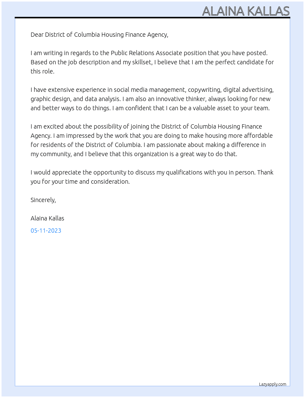 Public Relations Associate At District of Columbia Housing Finance Agency Cover Letter
