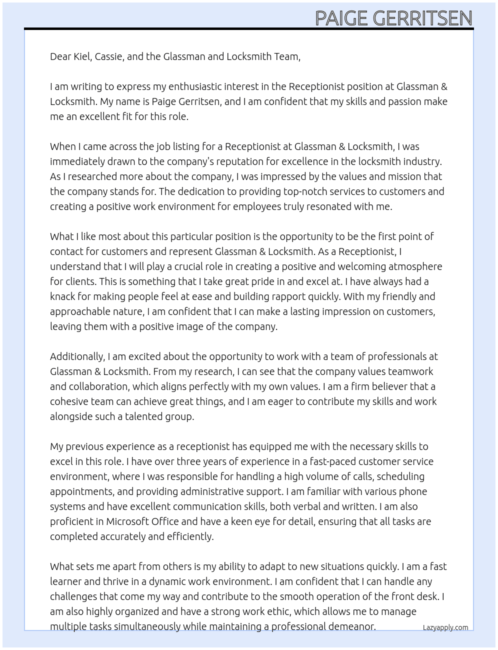 Receptionist  At Glassman & Locksmith Cover Letter