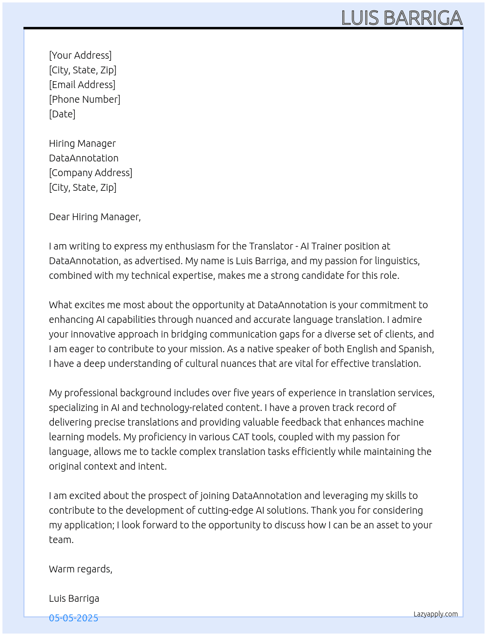 Translator - AI Trainer At DataAnnotation Cover Letter