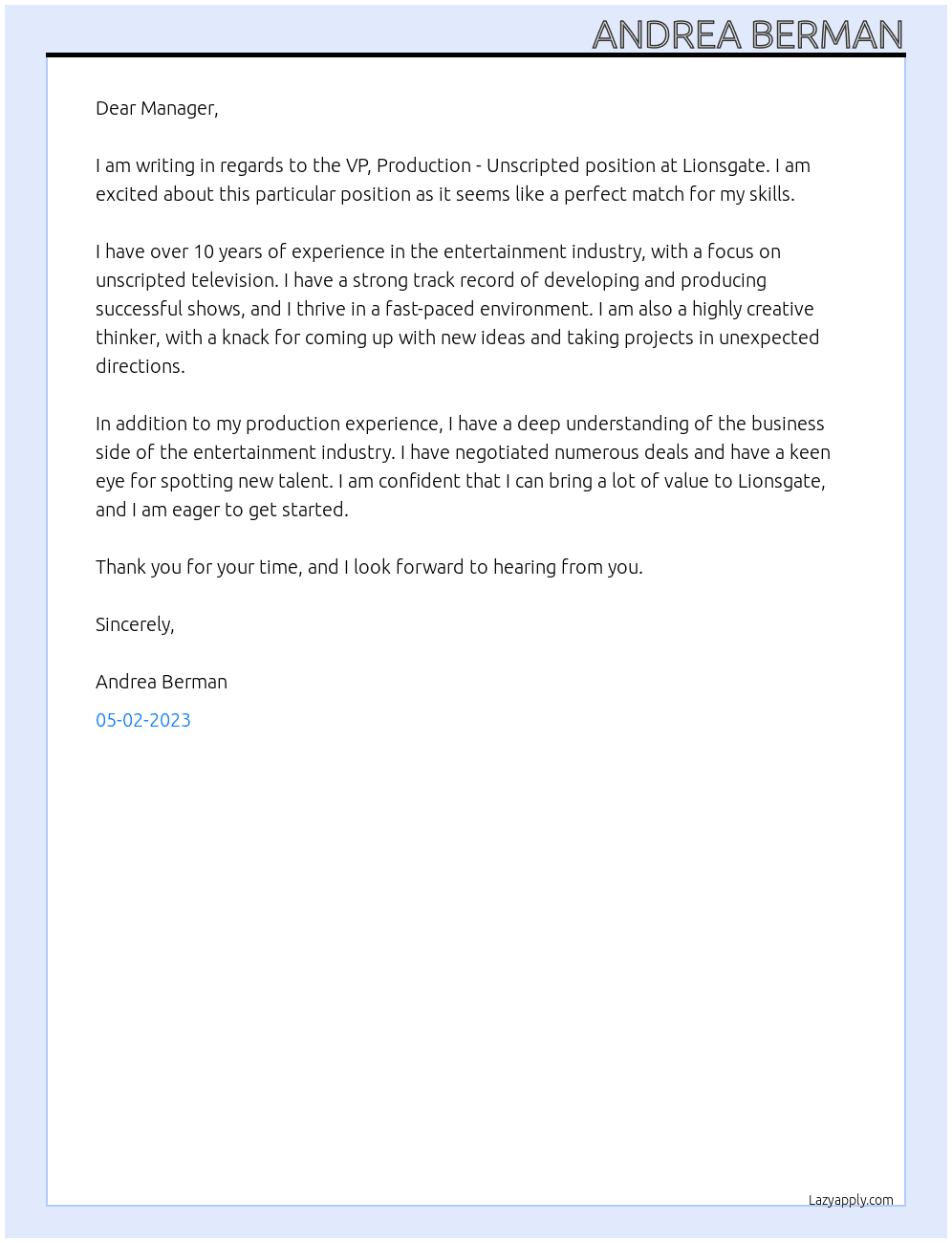 VP, Production - Unscripted At Lionsgate Cover Letter