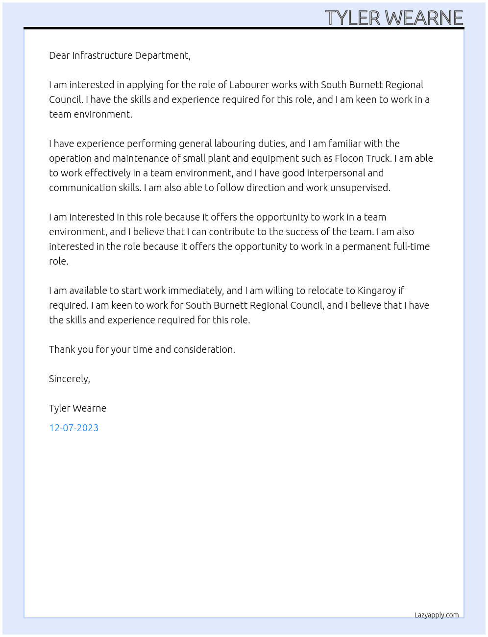 Labourer works At South Burnett Regional Council  Cover Letter