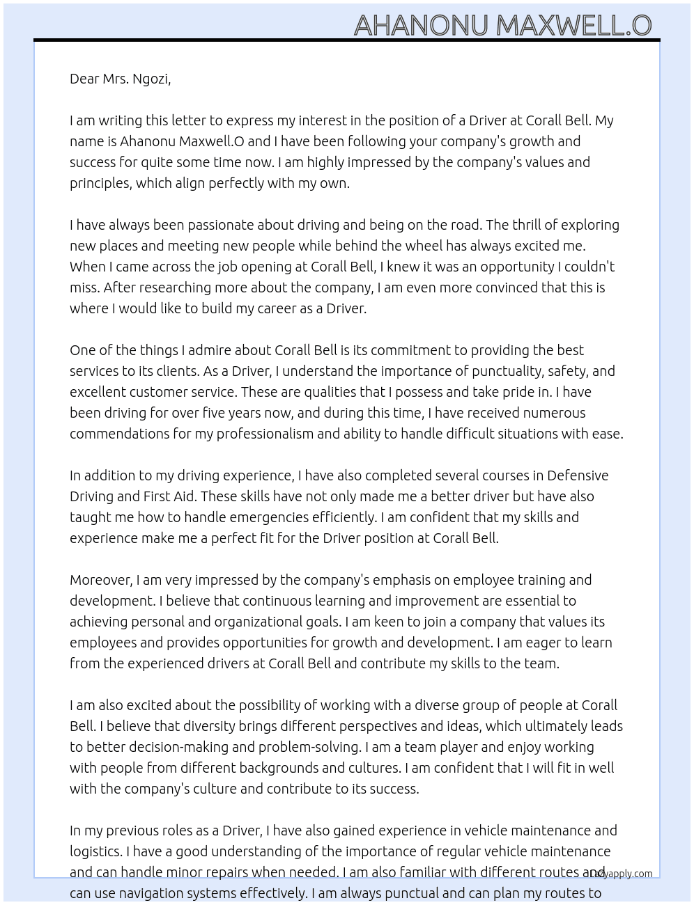 A Driver At Corall bell  Cover Letter