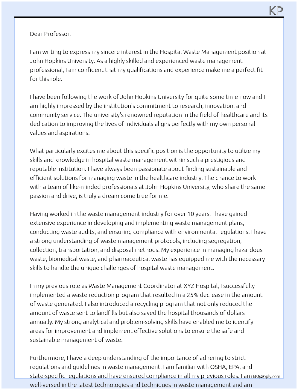 Hospital waste management At John Hopkins University Cover Letter