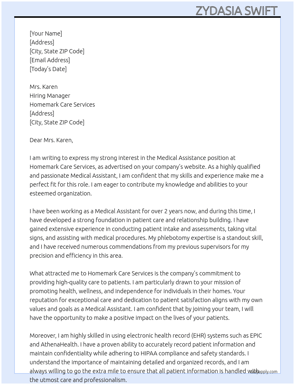 Medical Assistance  At homemark Care Services  Cover Letter