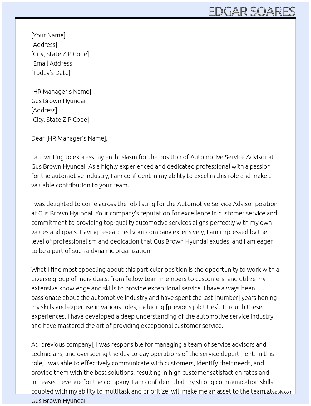 Automotive Service Advisor At Gus Brown Hyundai  Cover Letter