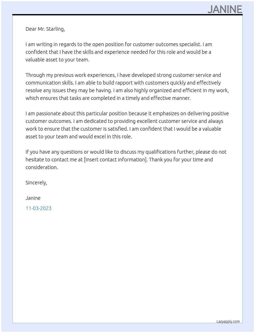 customer outcomes specialist At Starling Cover Letter