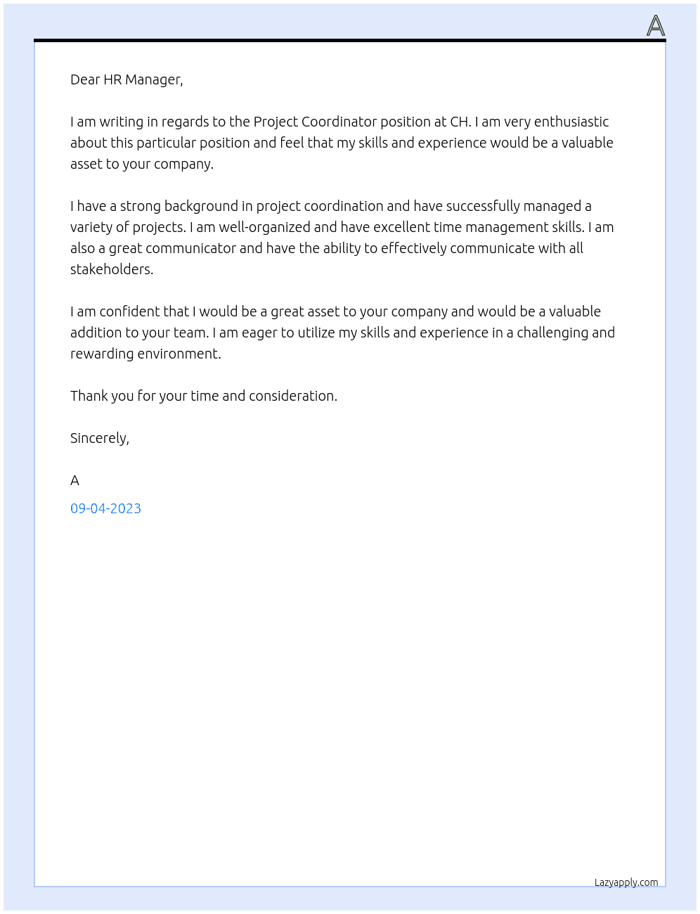 Project coordinator At CH Cover Letter