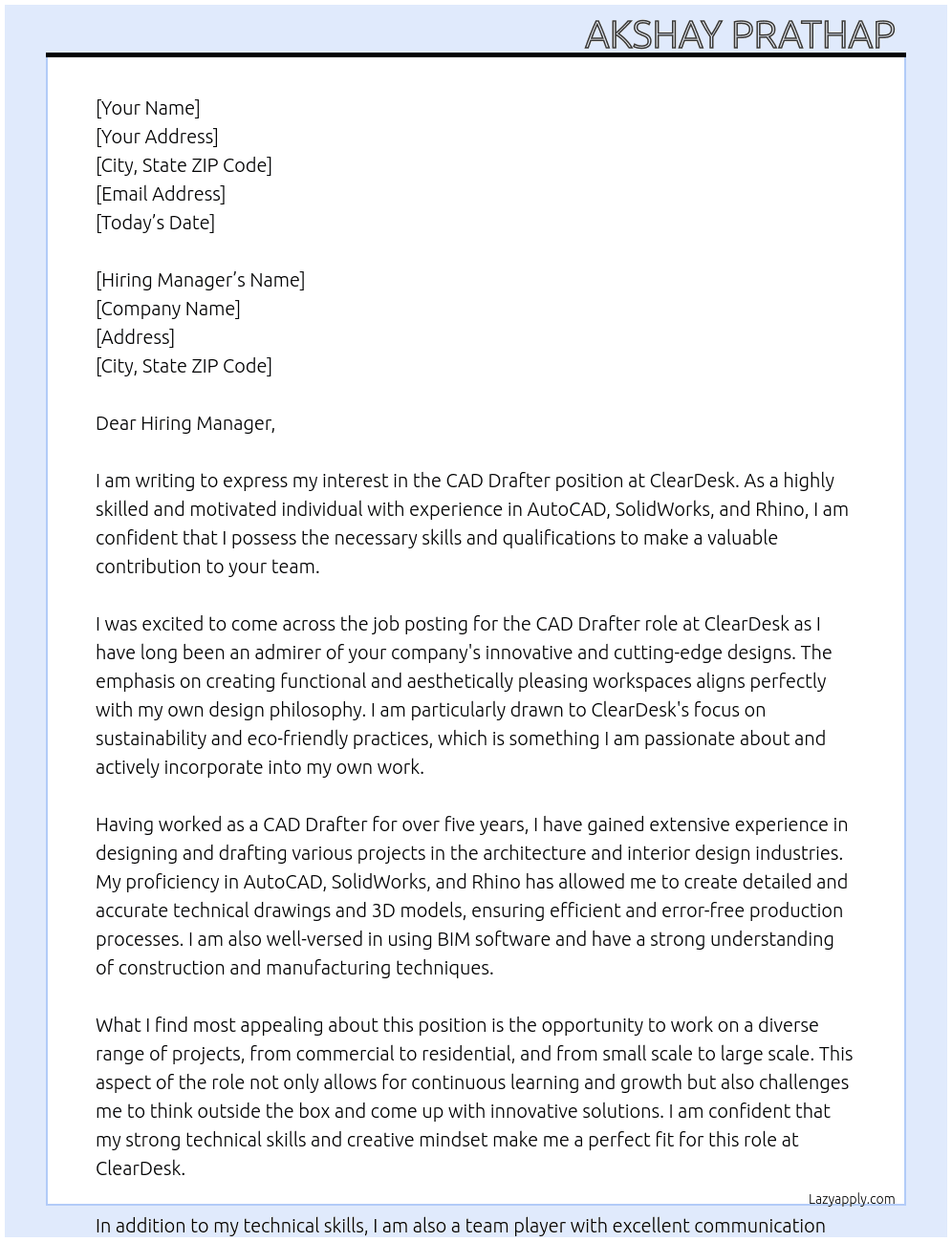 CAD Drafter At ClearDesk Cover Letter