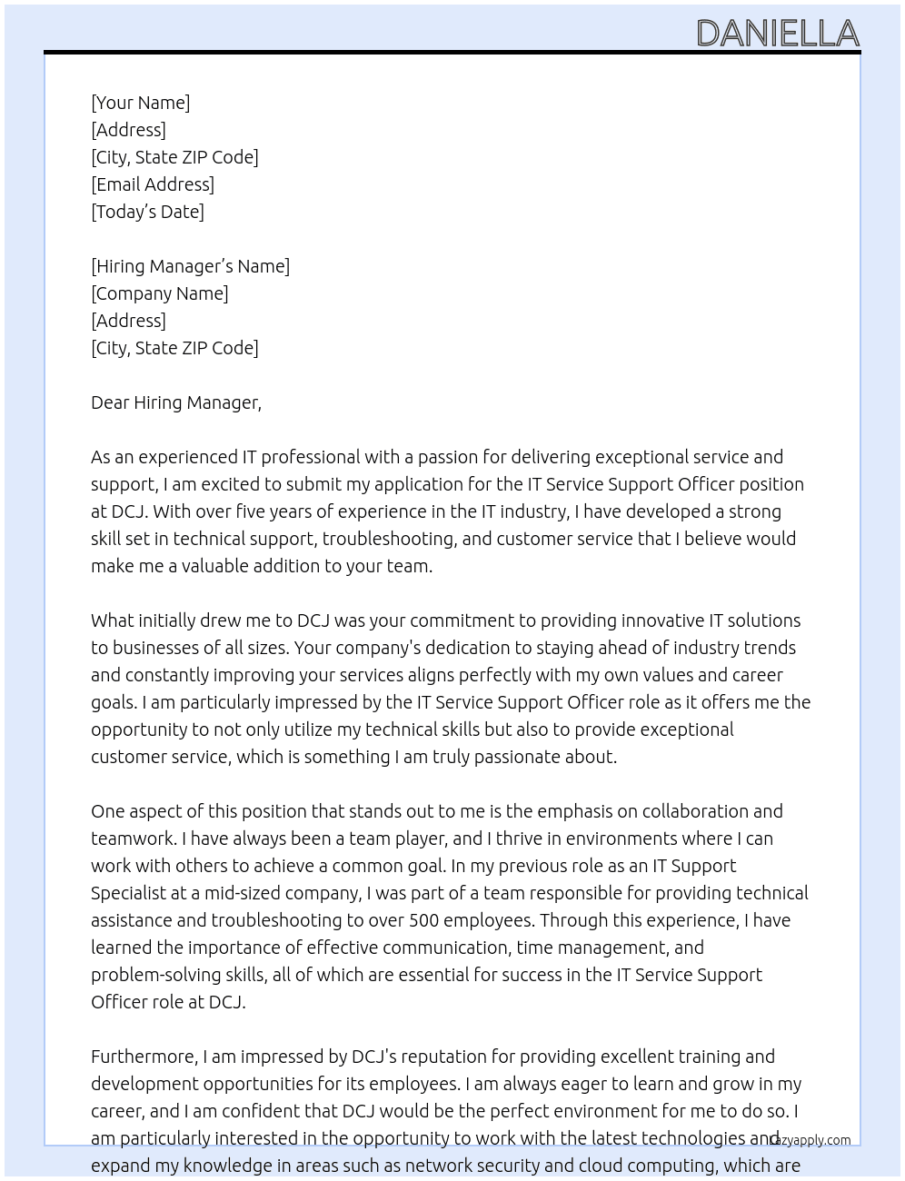 IT Service Support Officer At DCJ Cover Letter