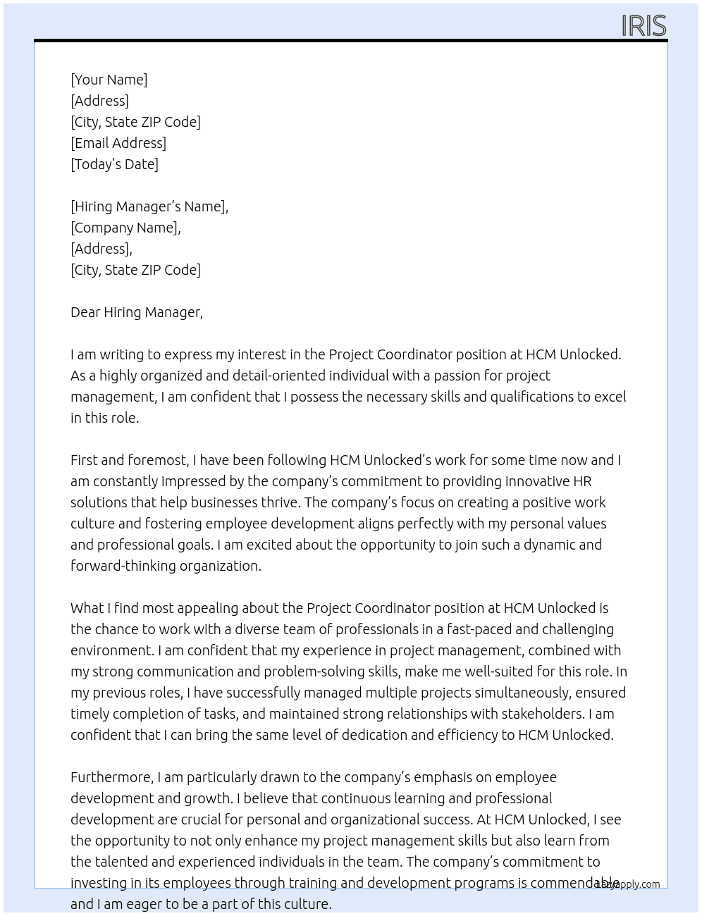 Project Coordinator At HCM Unlocked Cover Letter