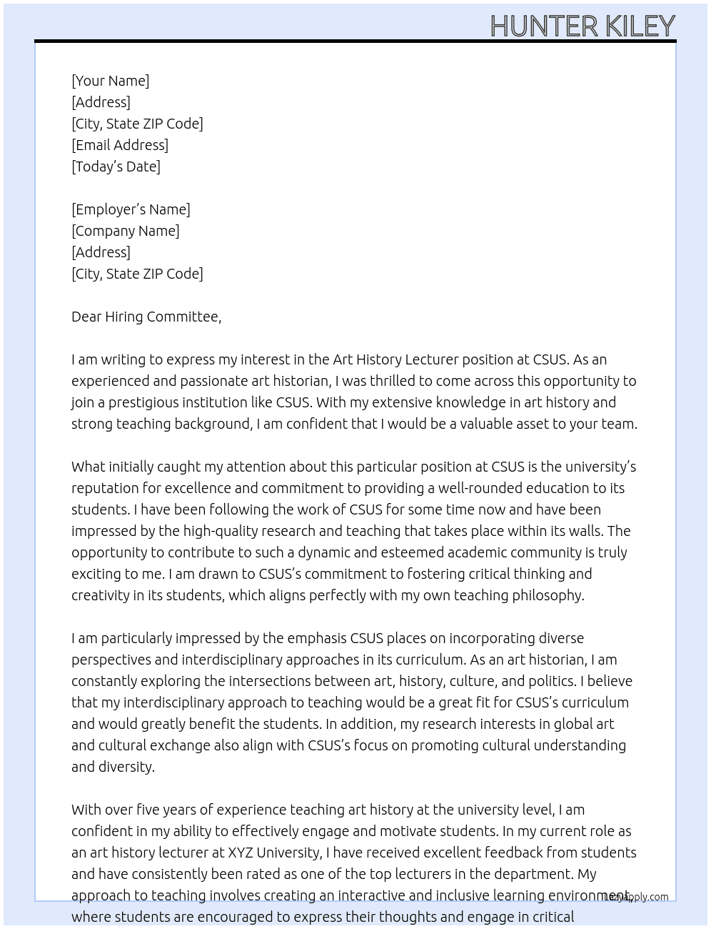 Art History Lecturer At CSUS Cover Letter