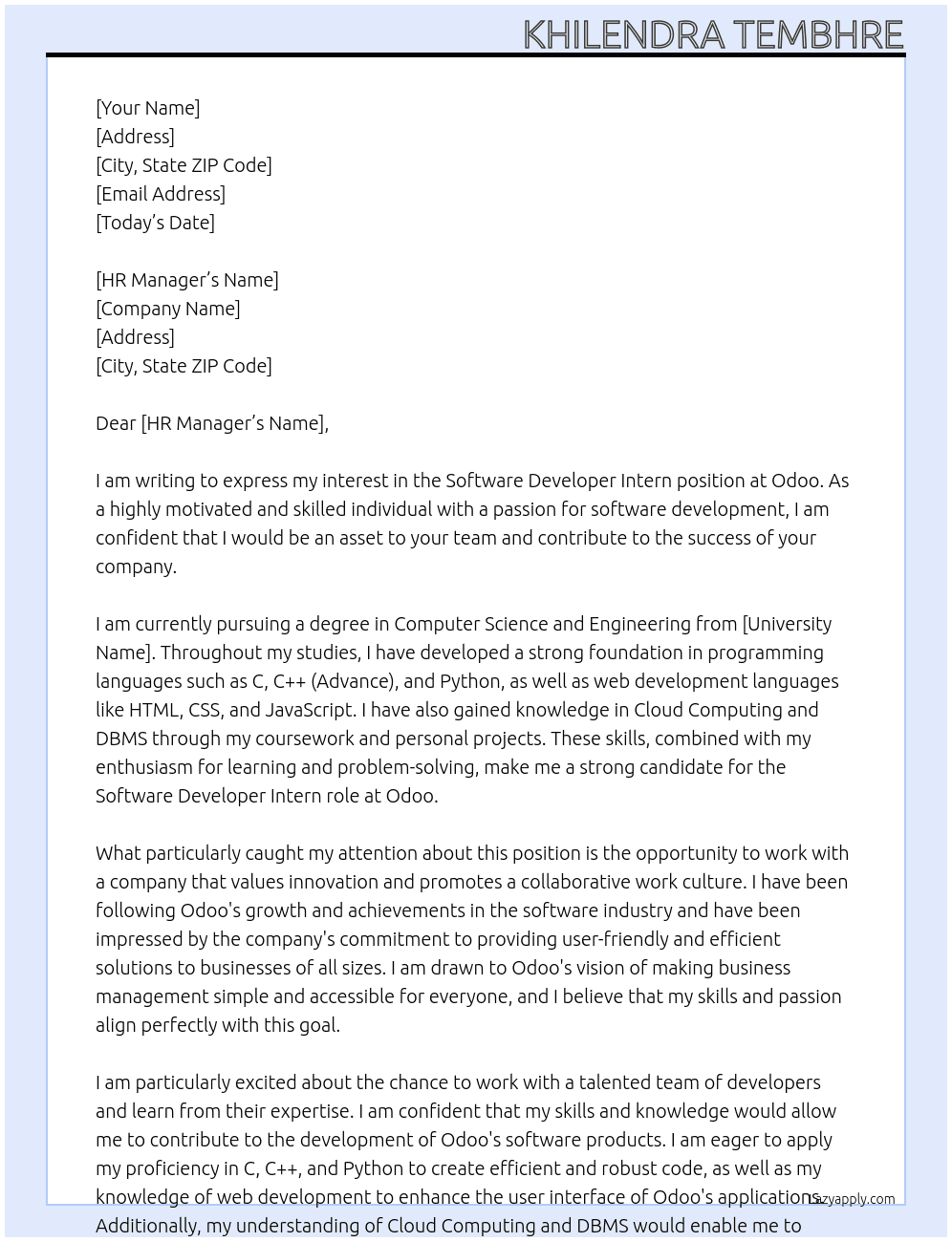 Software Developer Intern At Odoo Cover Letter