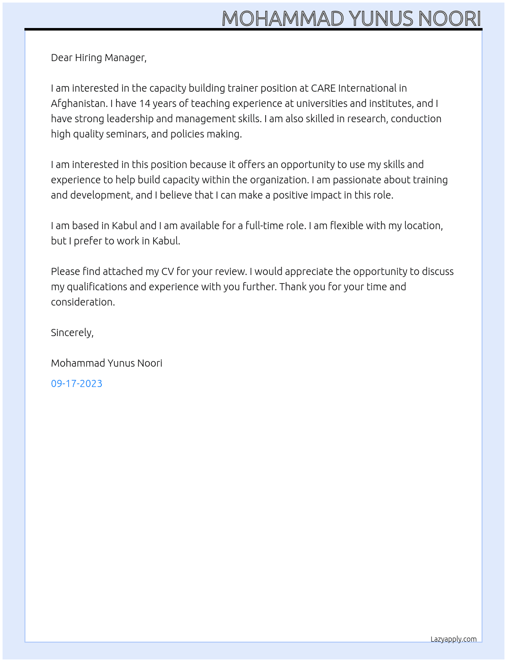 capacity building trainer At CARE International in Afghanistan Cover Letter