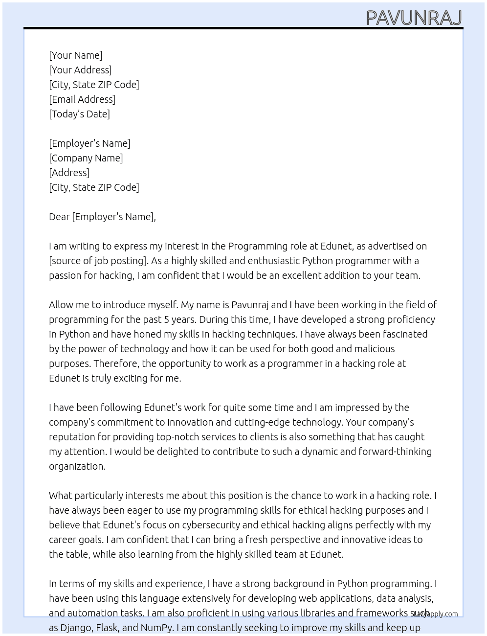 Programming  At Edunet Cover Letter