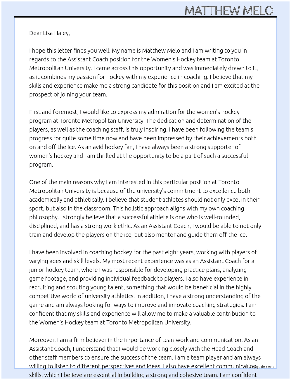 Assistant Coach, Women's Hockey At Toronto Metropolitan University Cover Letter