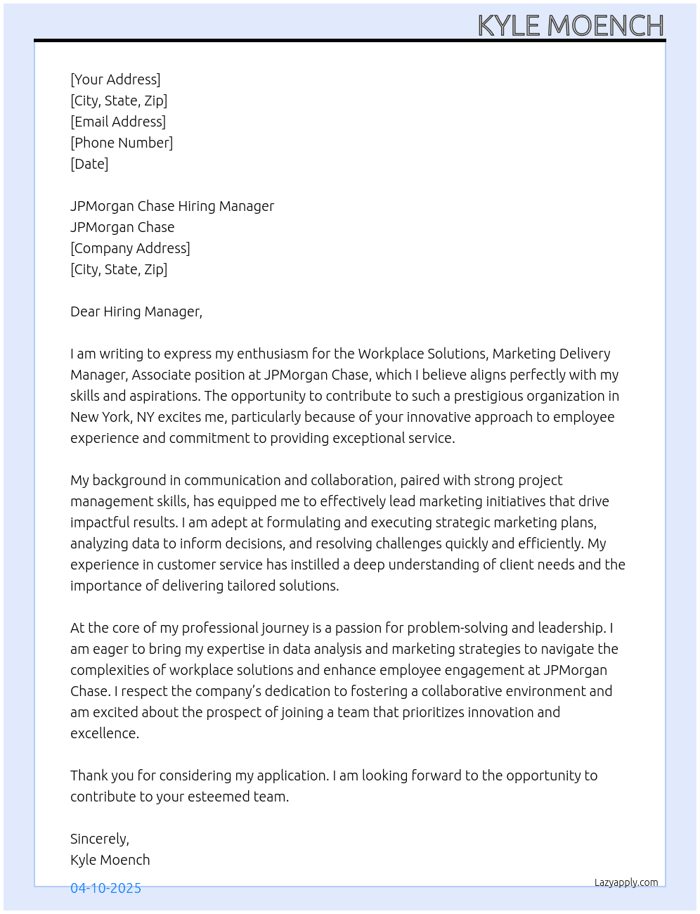 Workplace Solutions, Marketing Delivery Manager, Associate At JPMorganChase Cover Letter