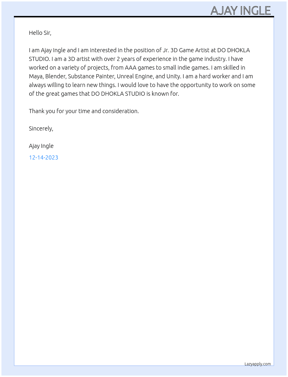 Jr. 3D Game Artist  At DO DHOKLA STUDIO  Cover Letter
