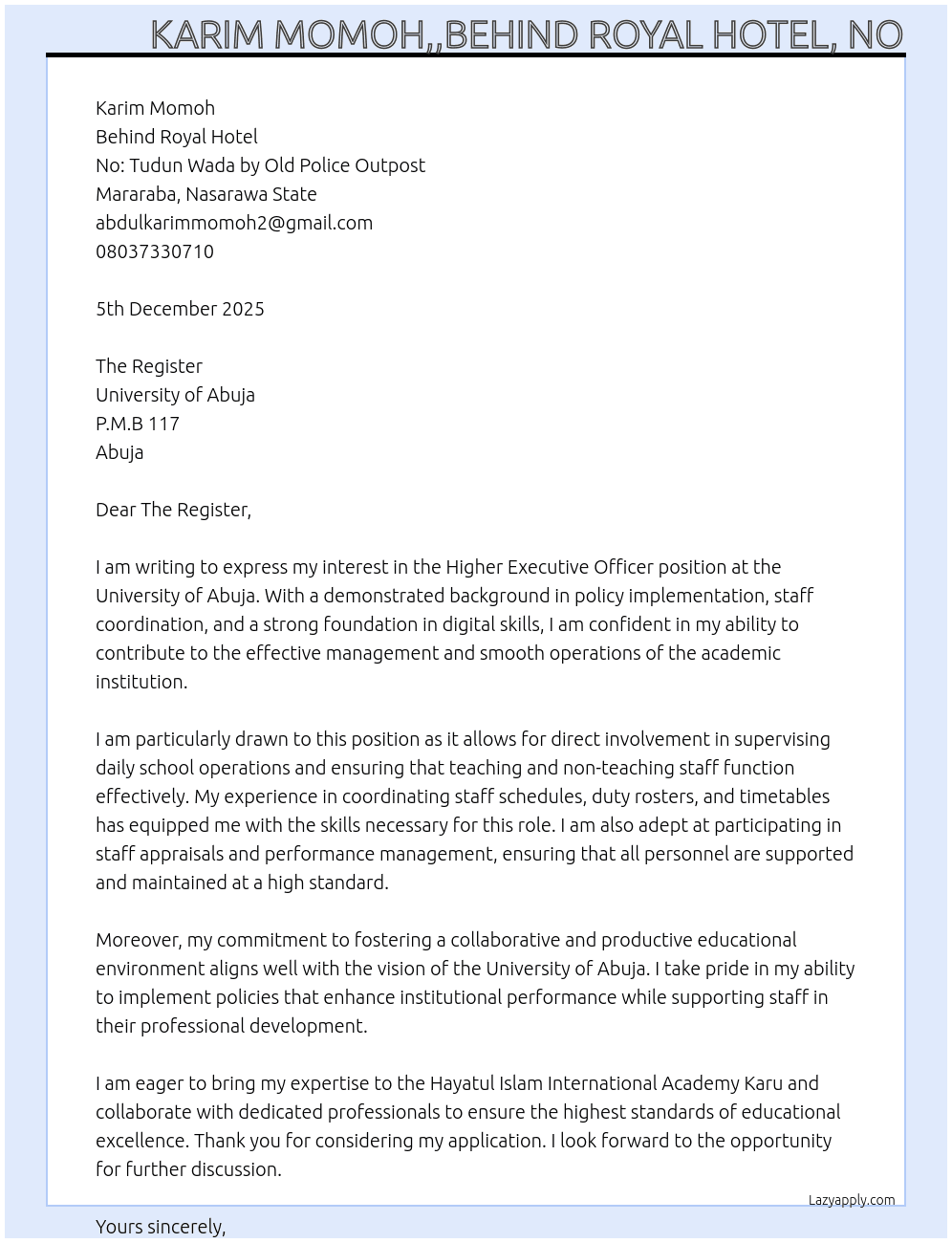 Higher Executive Officer At University of Abuja Cover Letter