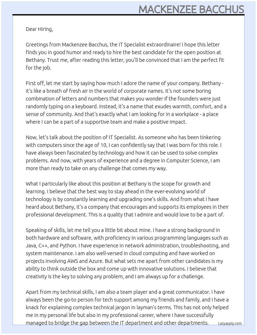 IT Specialist  At Bethany  Cover Letter