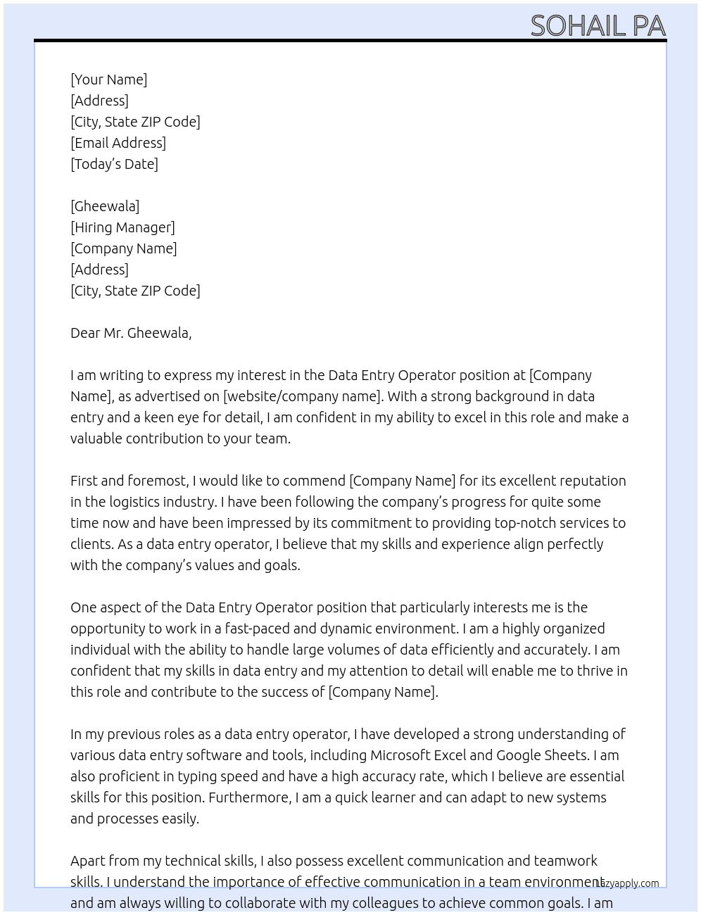 Data Entry Operator At logistic  Cover Letter
