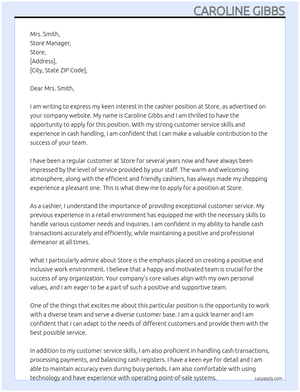 Cashier  At Store Cover Letter