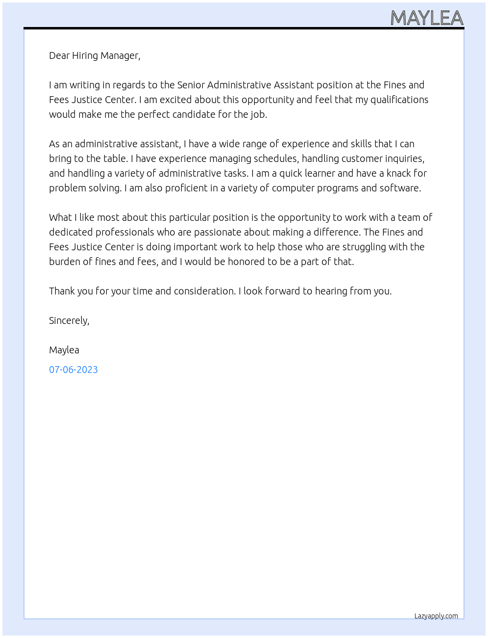 Senior Administrative Assistant At  Fines and Fees Justice Center Cover Letter