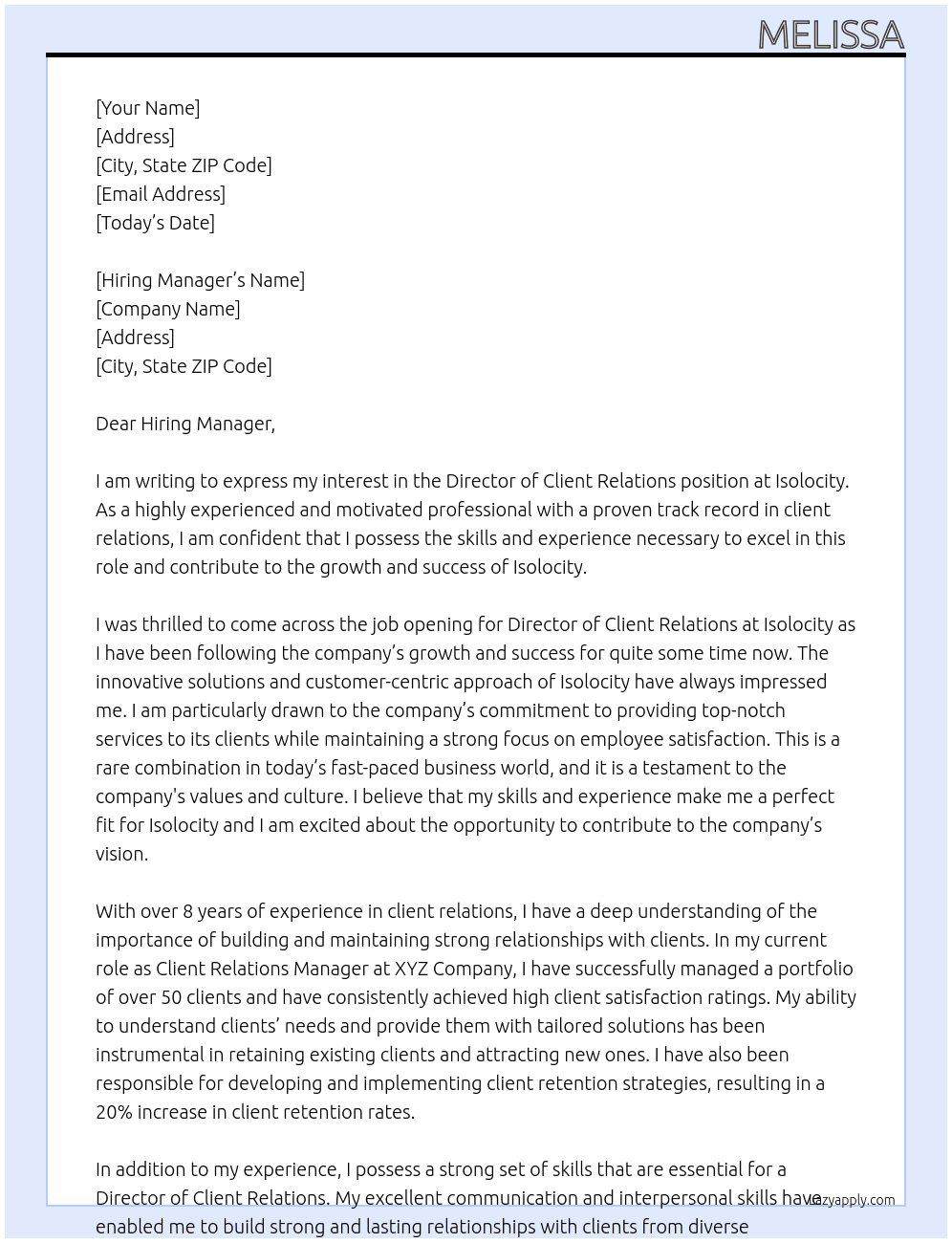 Director of Client Relations At Isolocity Cover Letter