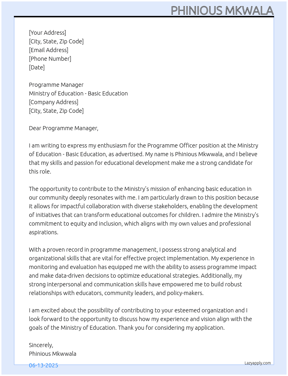 Programme officer At ministry of education basic education Cover Letter