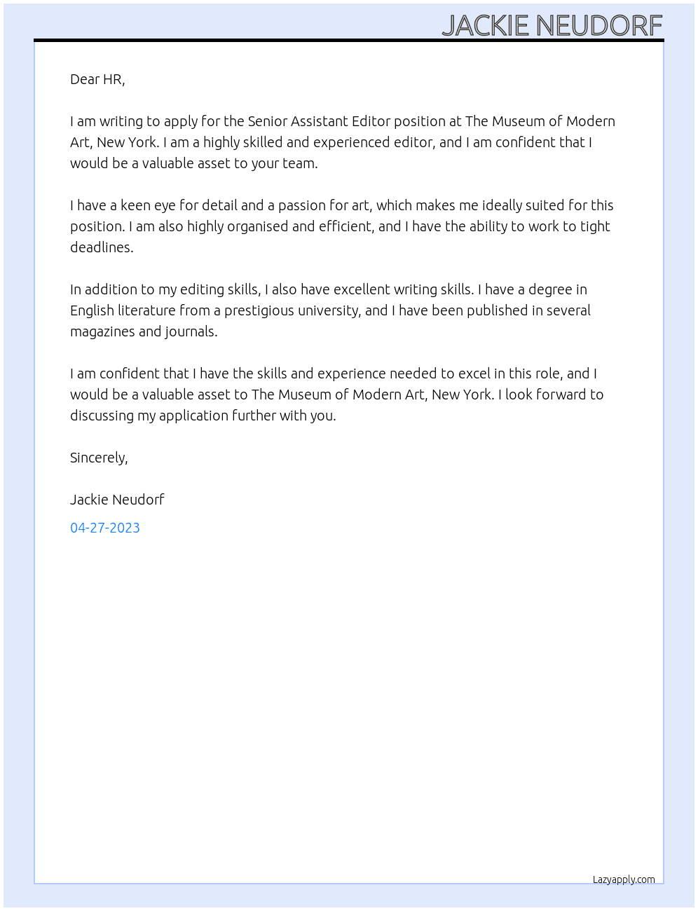 Senior Assistant Editor At The Museum of Modern Art, New York Cover Letter