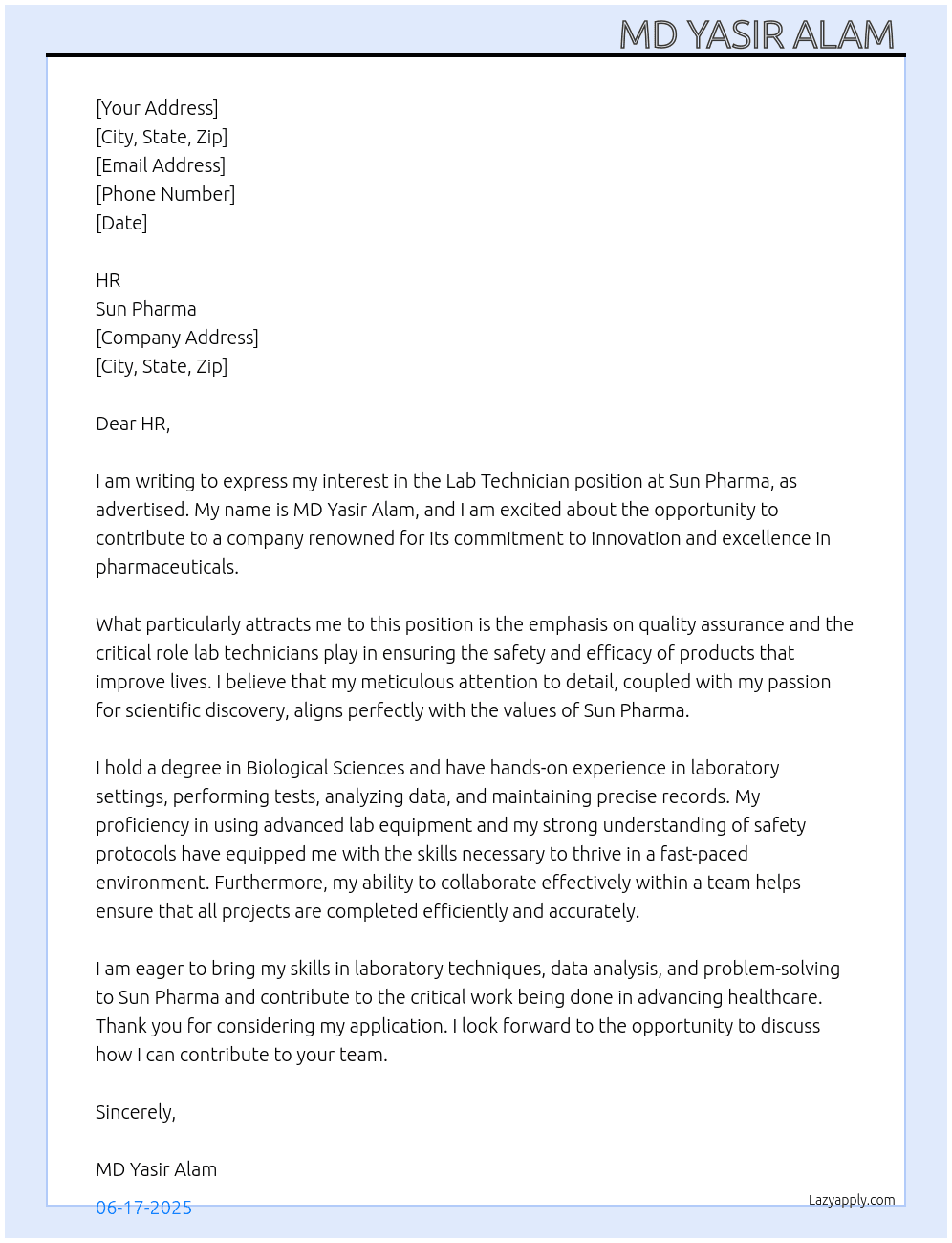 Lab technician  At Sun pharma  Cover Letter