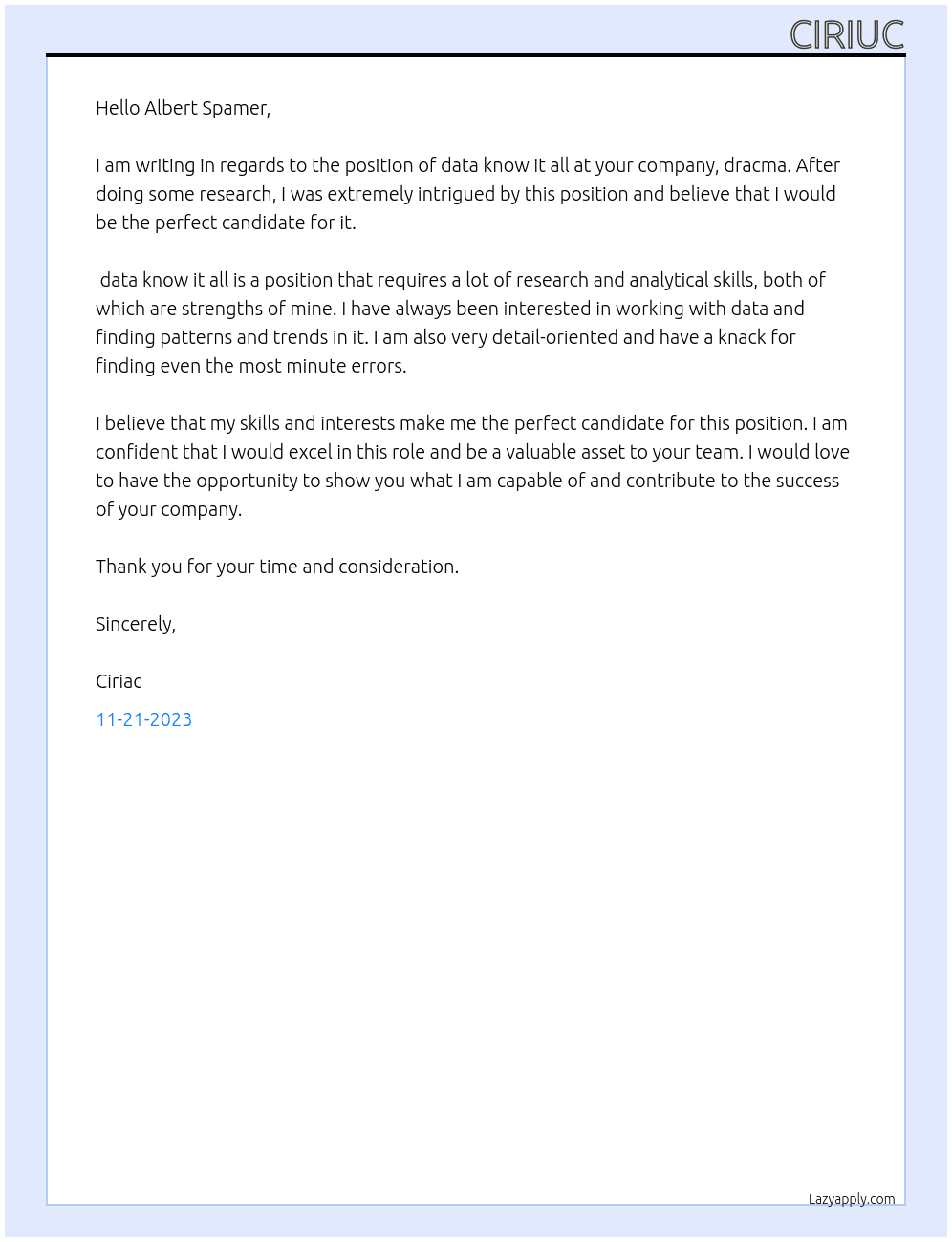 data know it all At dracma Cover Letter