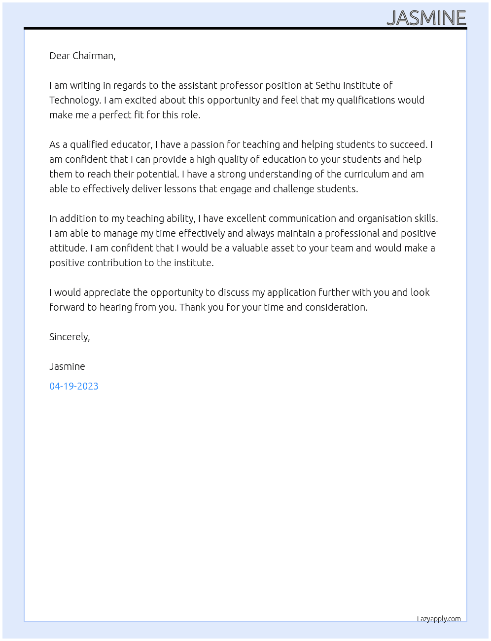 ASSISTANT PROFESSOR At SETHU INSTITUTE OF TECHNOLOGY Cover Letter