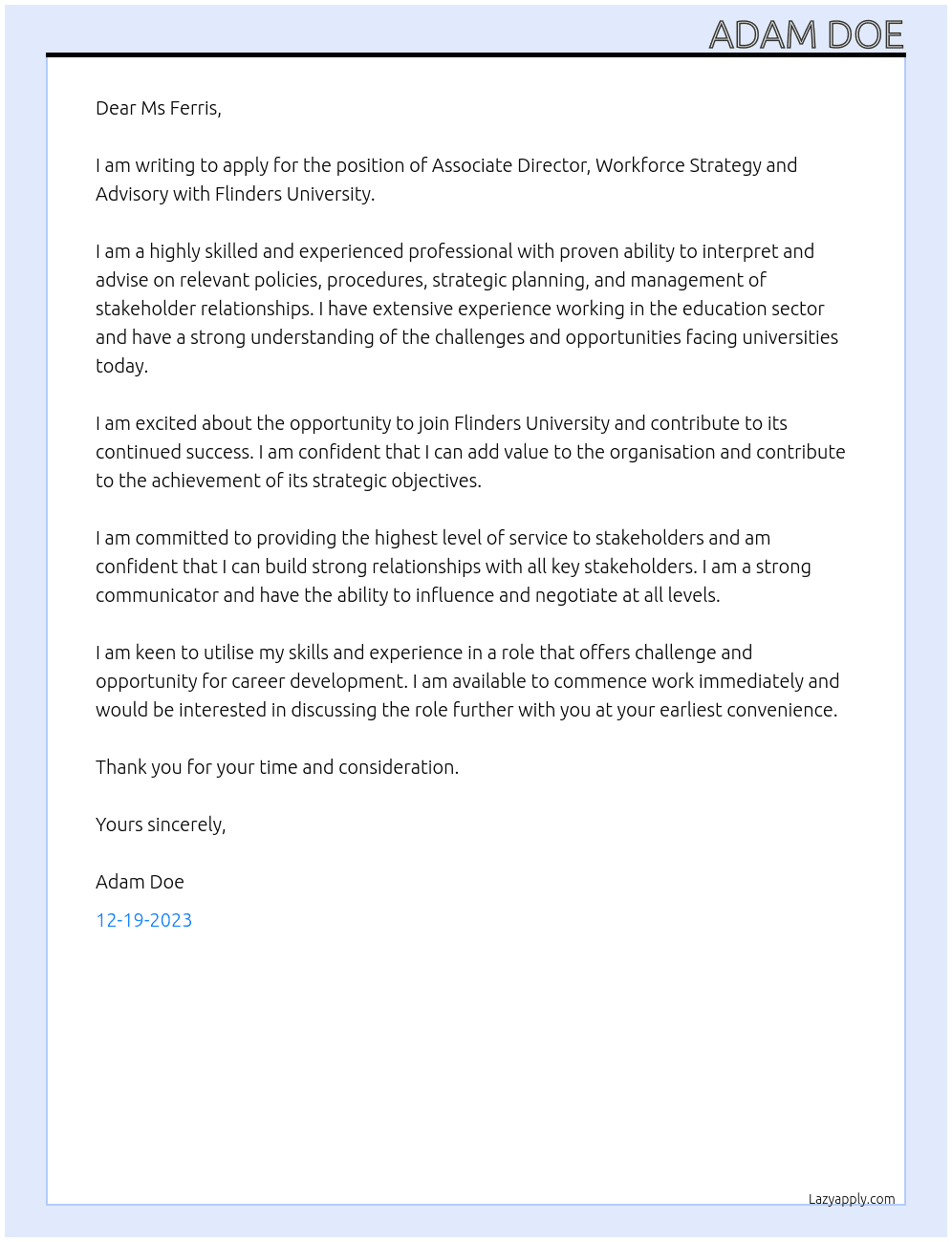 Associate Director, Workforce Strategy and Advisory At Flinders University Cover Letter