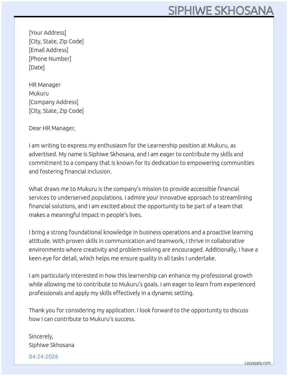 Leanership At Mukuru Cover Letter