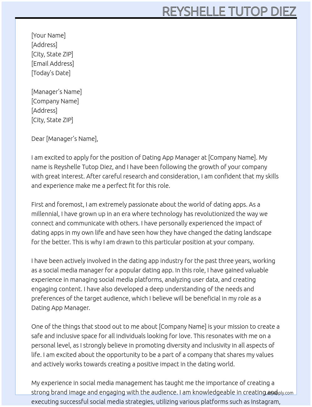 dating app manager At no companhy Cover Letter