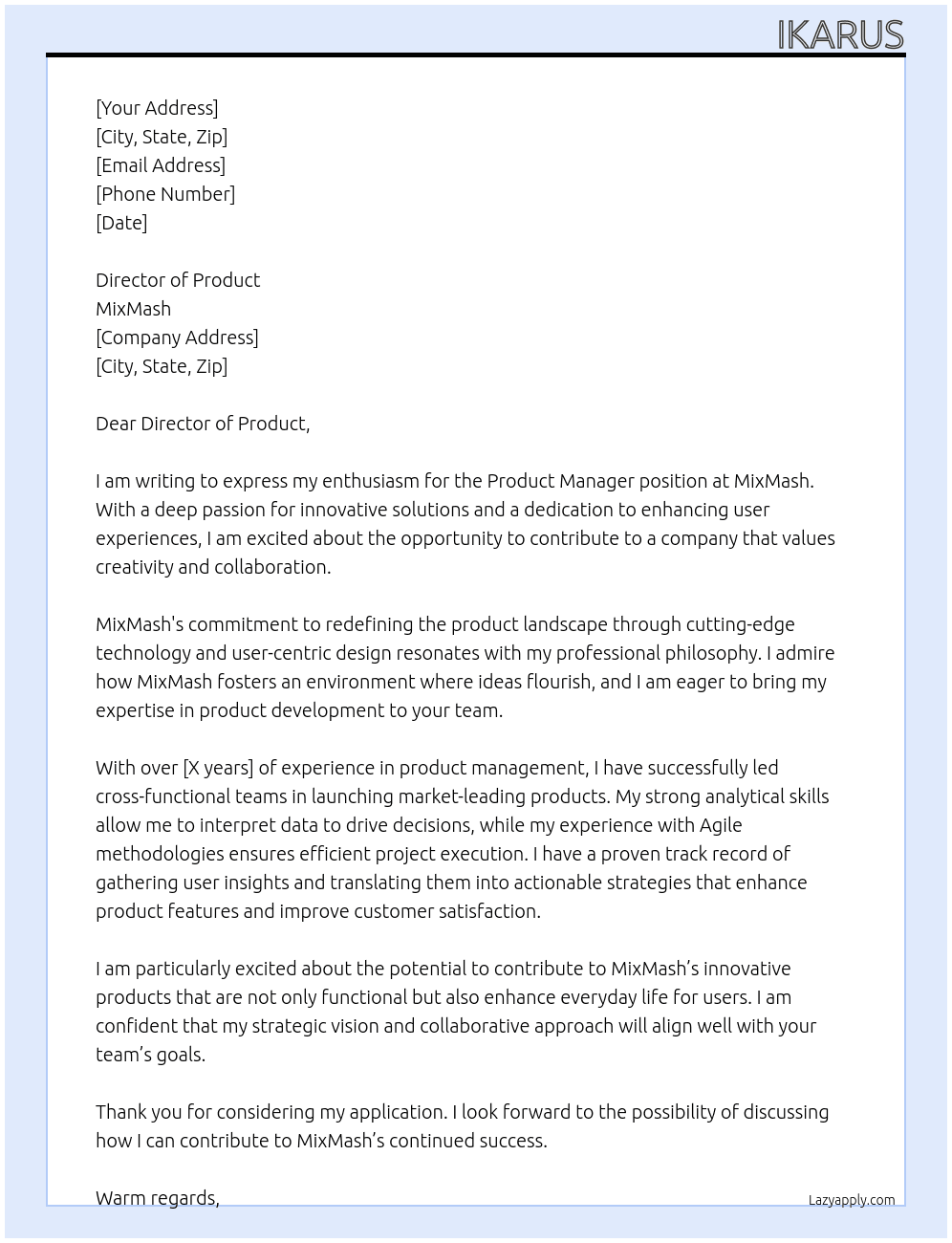 Product Manager At MixMash Cover Letter