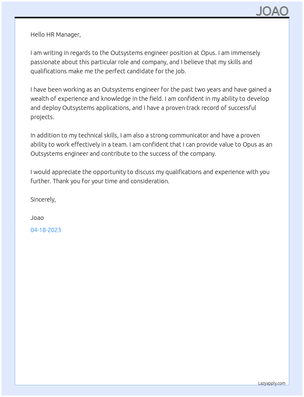 Outsystems engineer At Opus Cover Letter