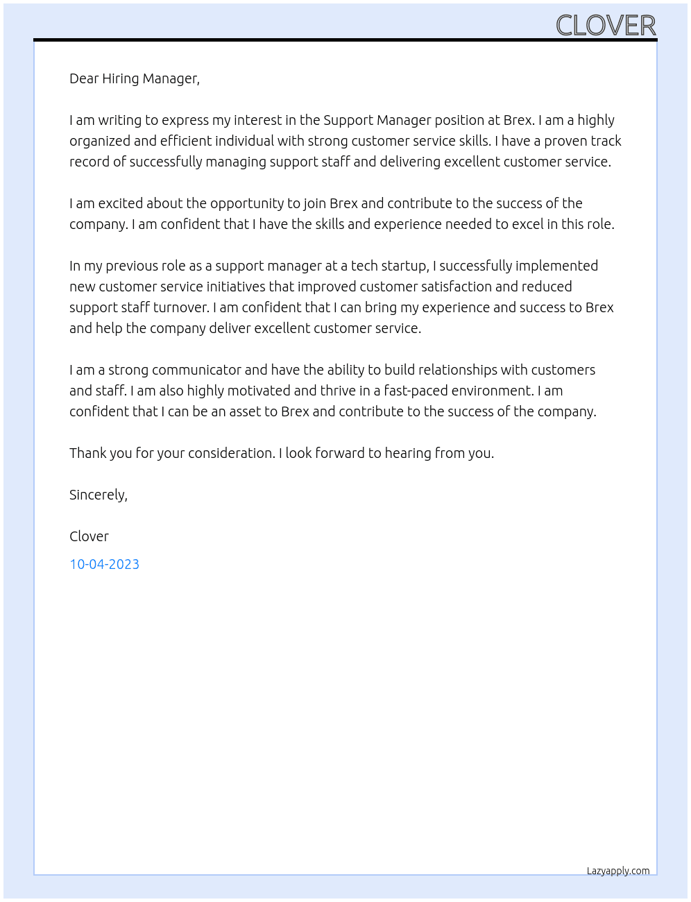 Support Manager At Brex Cover Letter
