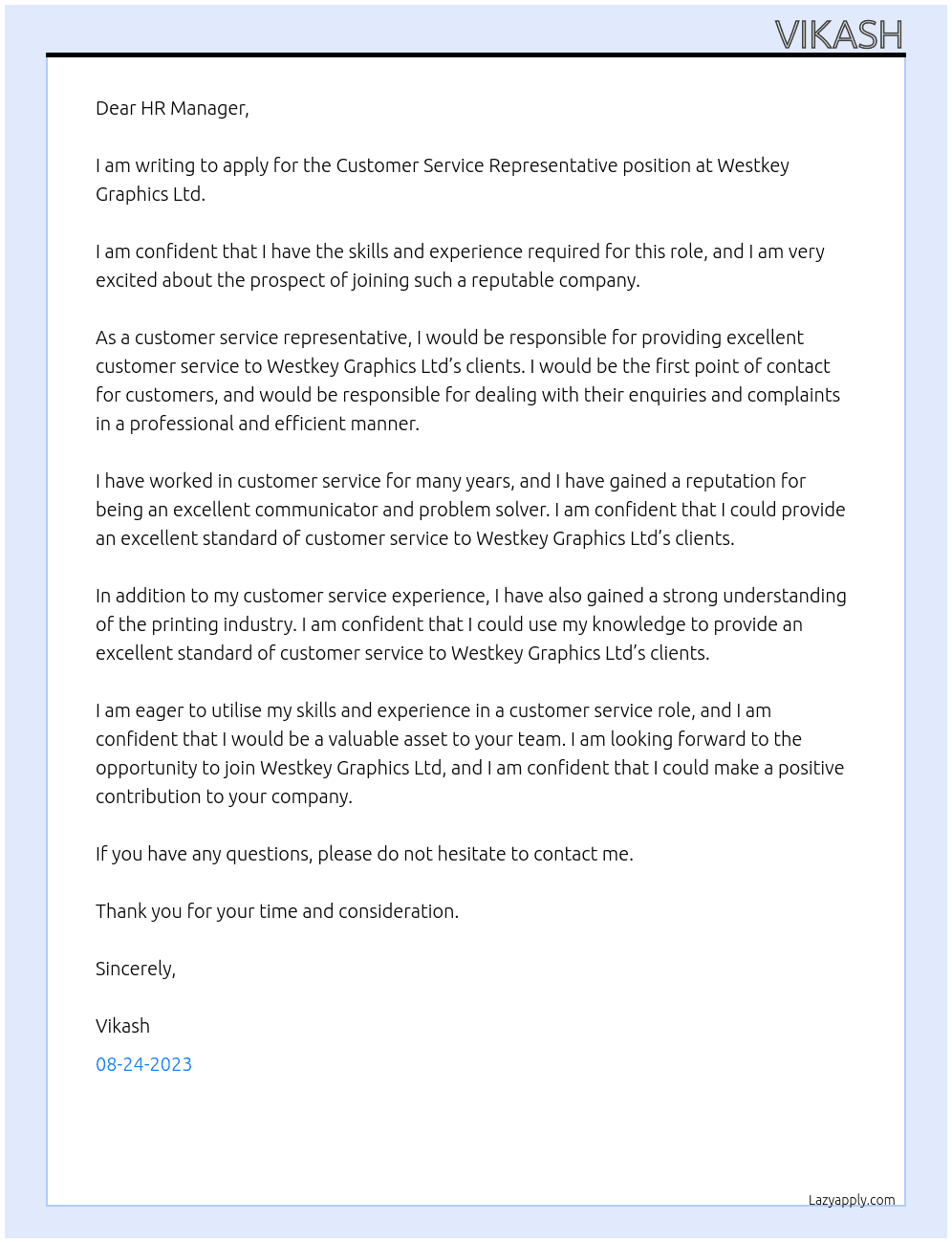 Customer Service Representative  At Westkey Graphics Ltd. Cover Letter