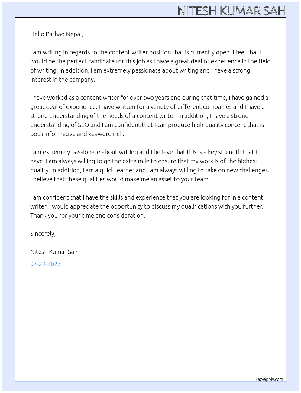 Content Writer At Pathao Nepal Cover Letter