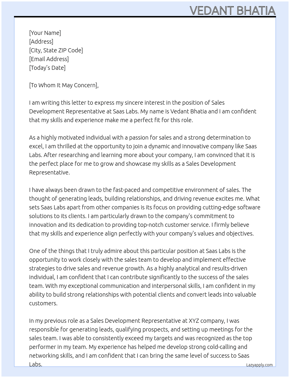 Sales Development Representative At Saas Labs Cover Letter