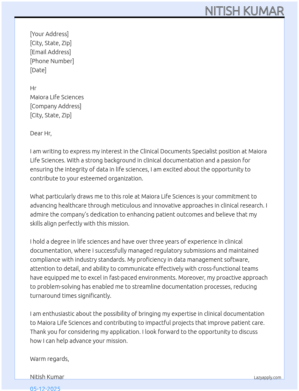 Clinical documents specialist  At Maiora life sciences  Cover Letter