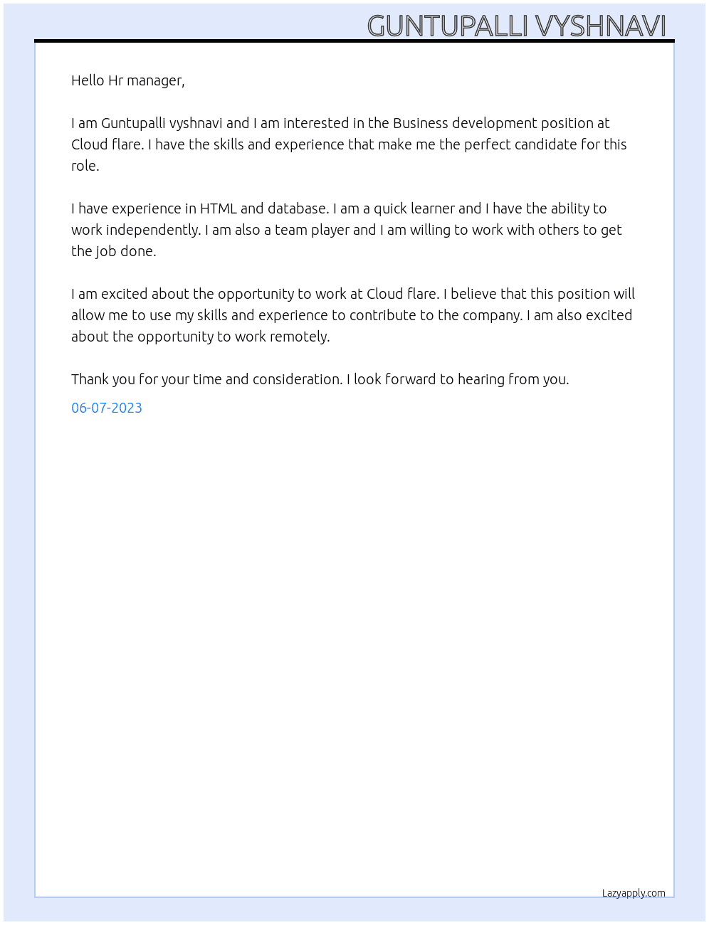 Business development  At Cloud flare Cover Letter