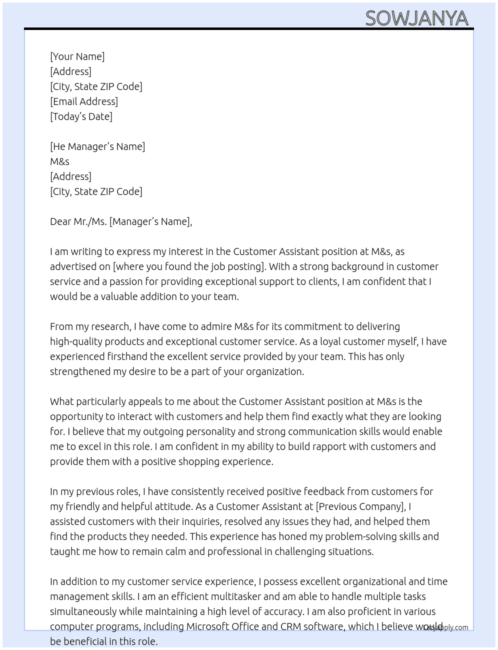Customer assistant  At M&s Cover Letter
