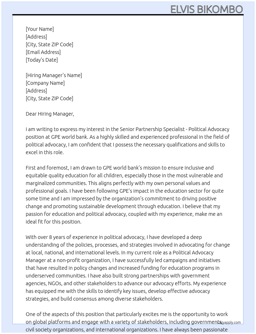 Senior Partnership Specialist - Political Advocacy At GPE world bank  Cover Letter