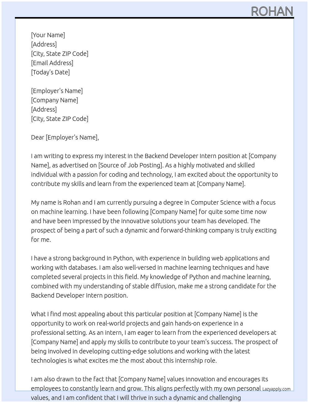 Backend Developer Intern At General Cover Letter