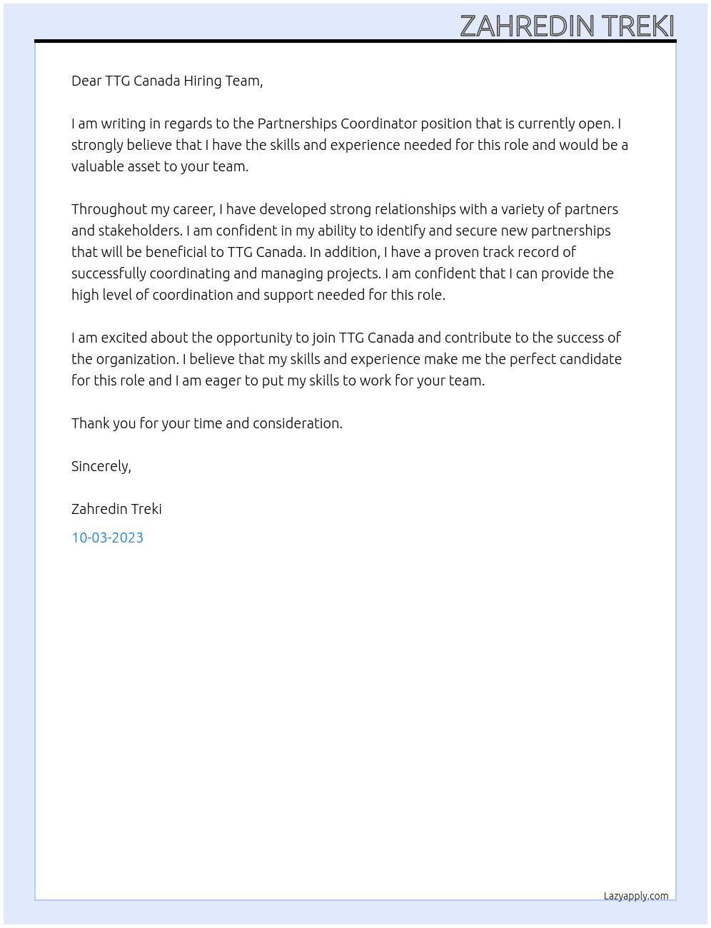 Partnerships Coordinator  At TTG Canada  Cover Letter