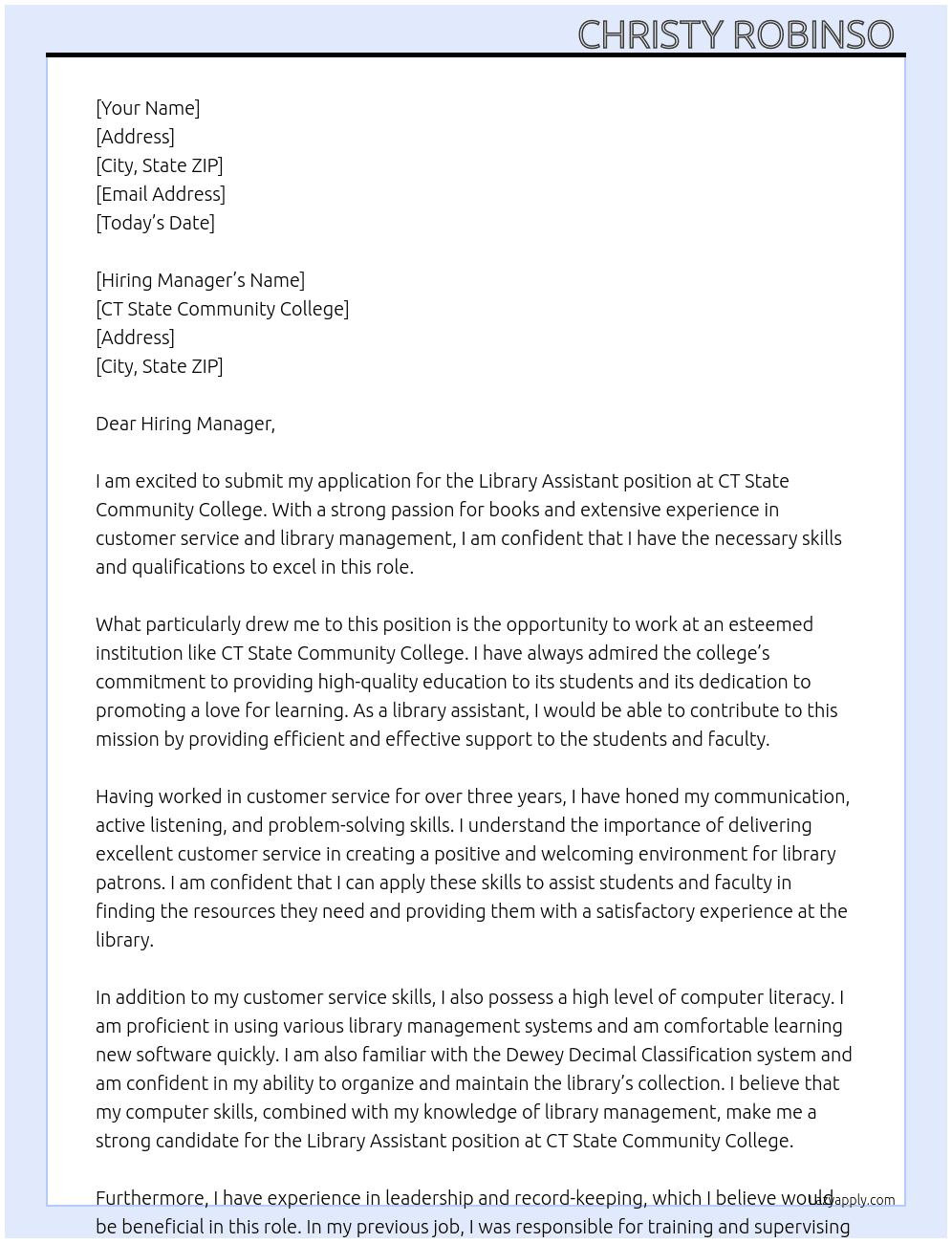 Library Assistant At CT State Community College Cover Letter
