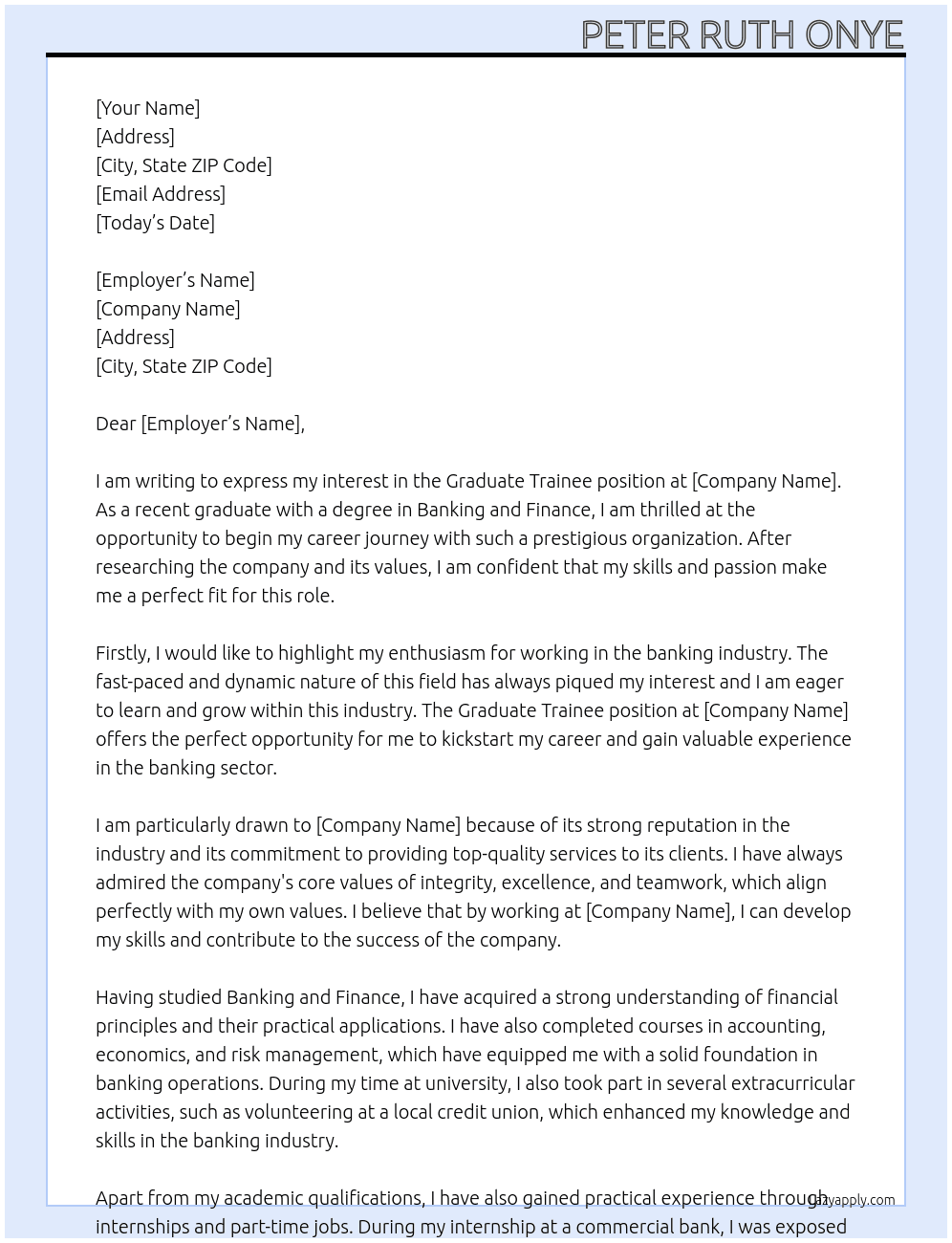 Graduate trainee  At Banker Cover Letter